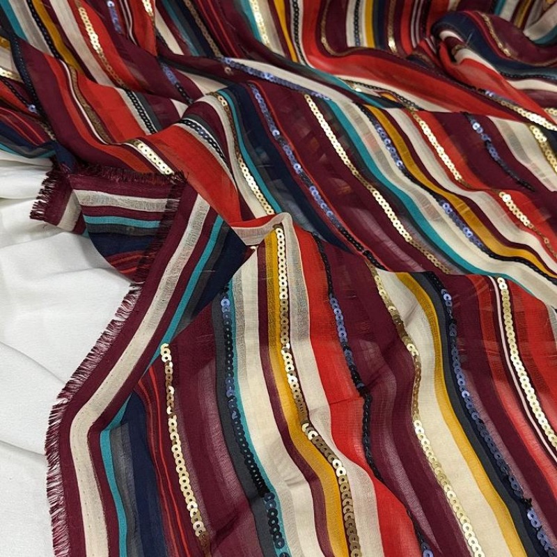 Ethnic Fashion Design - Renkli Çizgili İşlemeli Payet Kumaş Etnik