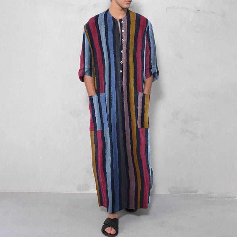 Ethnic Fashion Design - Erkek Uzun Çizgili Baskılı Gömlek Etnik